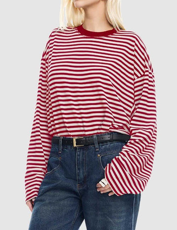 Round Neck Striped Long Sleeve Loose Shirt DP25F521