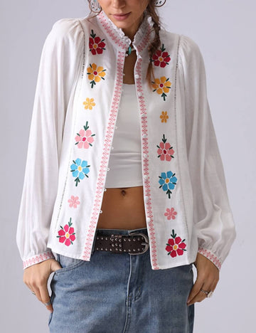 Elegant Flower Embroidered Button Down Top DP25D887