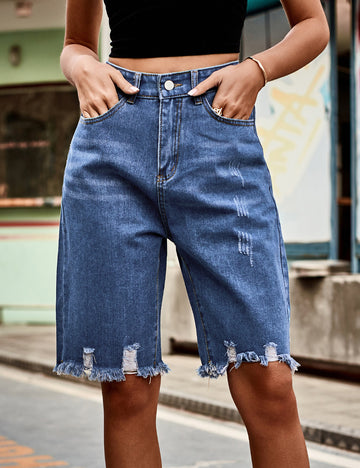 Ripped Raw Hem Denim Bermuda Shorts DP25B694