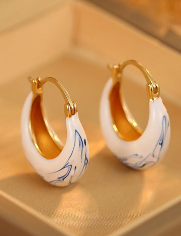 Irregular Blue White Porcelain Hoop Earrings DP25E736