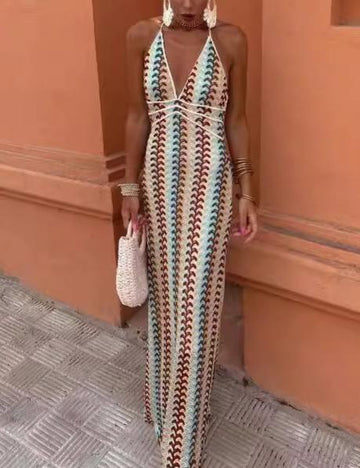 Backless Striped Halter Maxi Knit Dress DP25B721