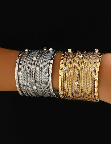 Sparkling Rhinestone Layered Mesh Open Bracelet DP25824