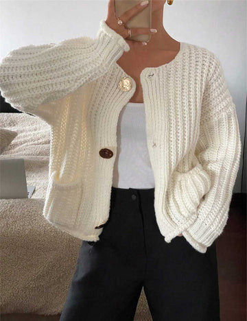 Round Neck Loose Long Sleeve Knit Cardigan DP25F712