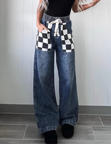 Casual Color Block Plaid Denim Long Jeans DP25E465