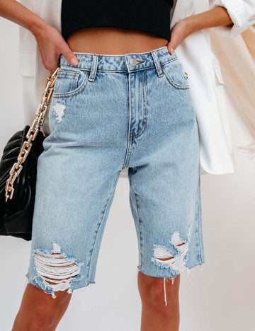 Washed Ripped Straight Leg Denim Shorts DP25C460