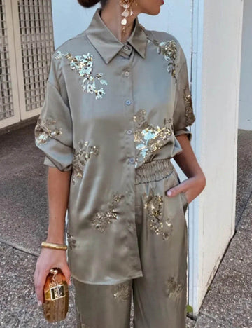 Sequin Embroidered Casual Shirt Pants Set DP25E622