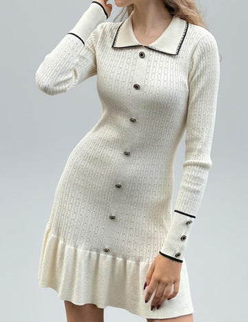Simple Polo Collar Long Sleeve Knit Midi Dress DP25H662