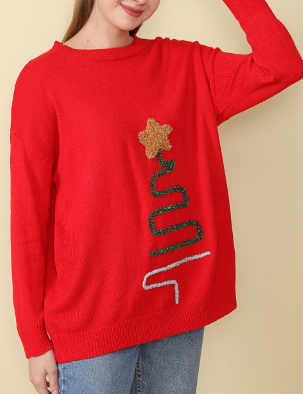 Red Christmas Round Neck Loose Pullover Sweater DPT1422