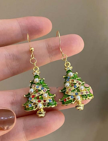 Colored Rhinestone Christmas Tree Pendant Hoop Earrings DPJE1912