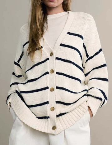 Striped V-Neck Color Block Button Down Cardigan DP25G975