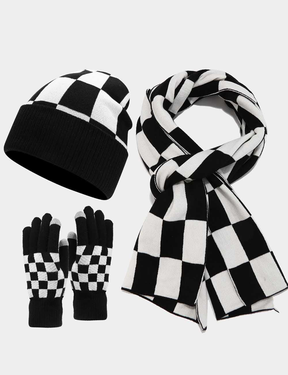 Winter Plaid Warm Hat Scarf Gloves Outdoor Sets DP25G720
