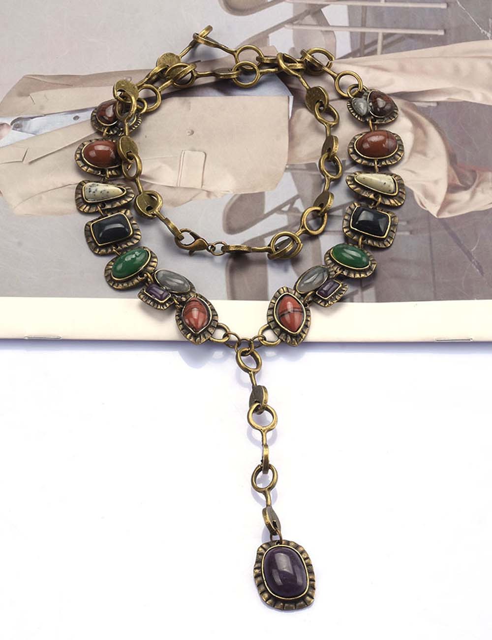 Vintage Multi-Color Gemstone Pendant Necklace DP25F850