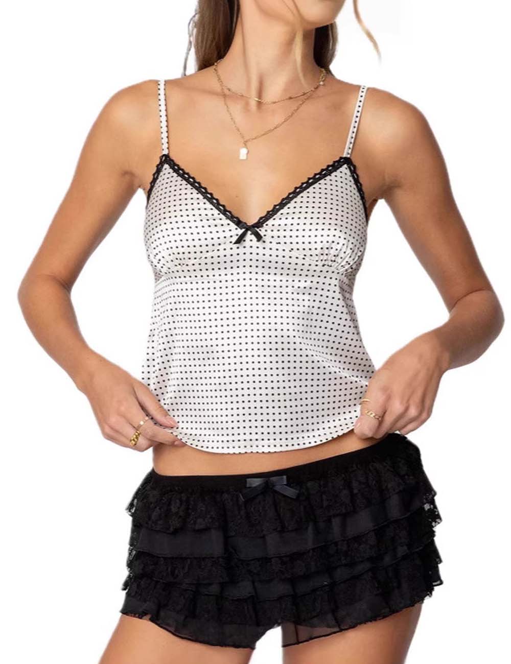 Sexy V-Neck Satin Lace Trim Spaghetti Strap Top DP25D975