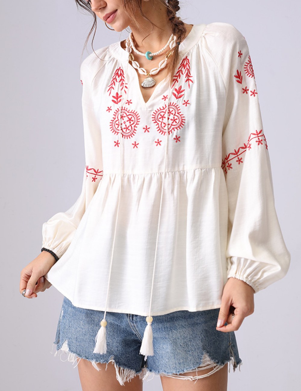 Flower Embroidered V-Neck String Top DP25C873