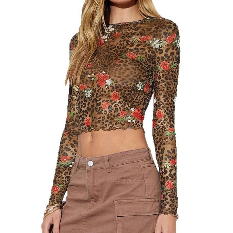 Leopard Print Round Neck Long Sleeve Blouse DP25G998