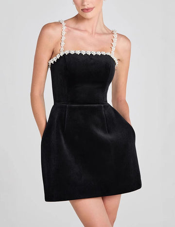 Pearl Spaghetti Velvet A-Line Mini Dress DP25E669