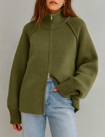 Solid Color High Neck Zip-Up Knit Cardigan DP25F713