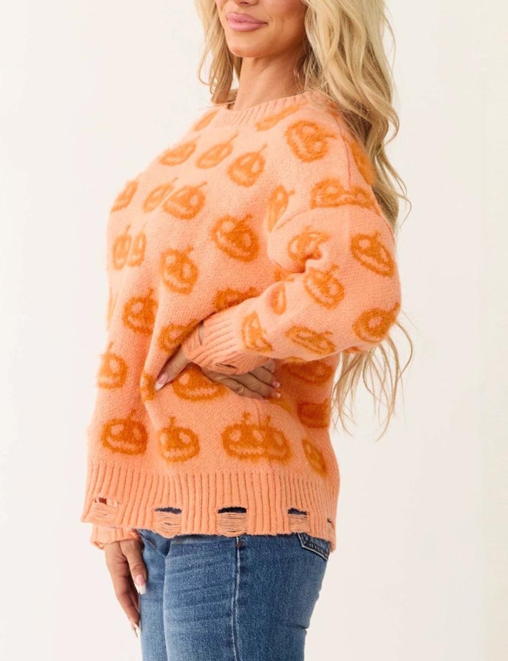 Halloween Pumpkin Ribbed Pullover Sweater DP25G437
