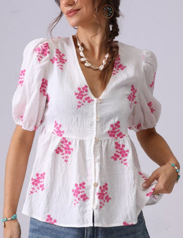 Floral Embroidered V-Neck Button Down Shirt DP25C853