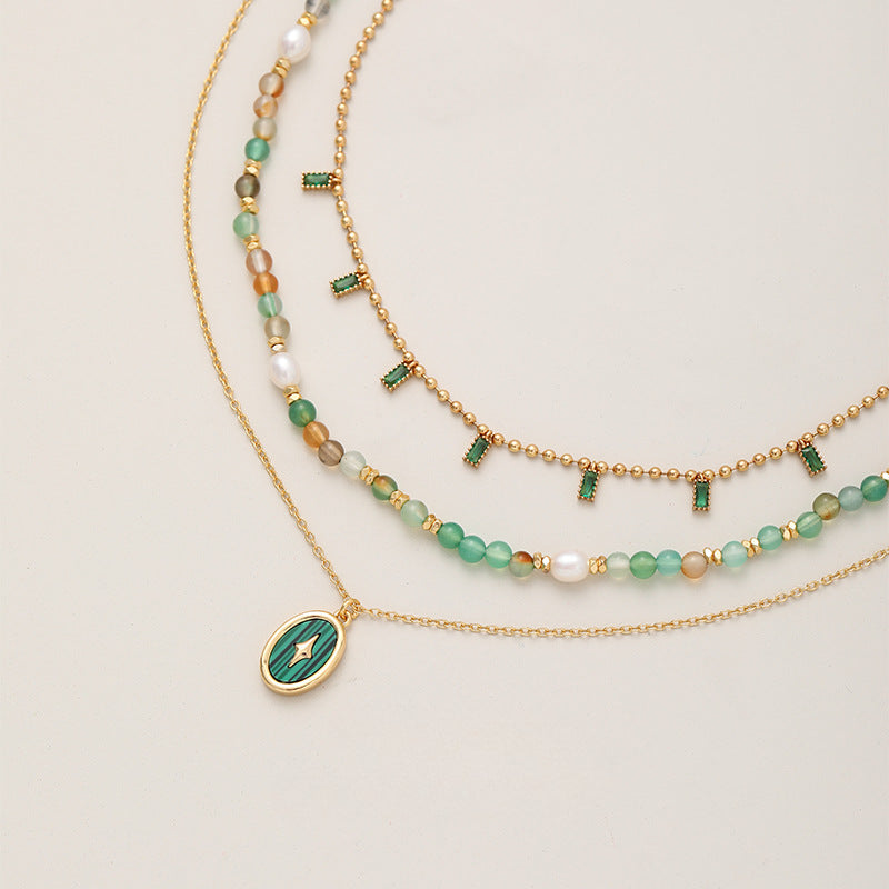 Peacock Green Zircon Pearl Layered Necklaces DPJN1907