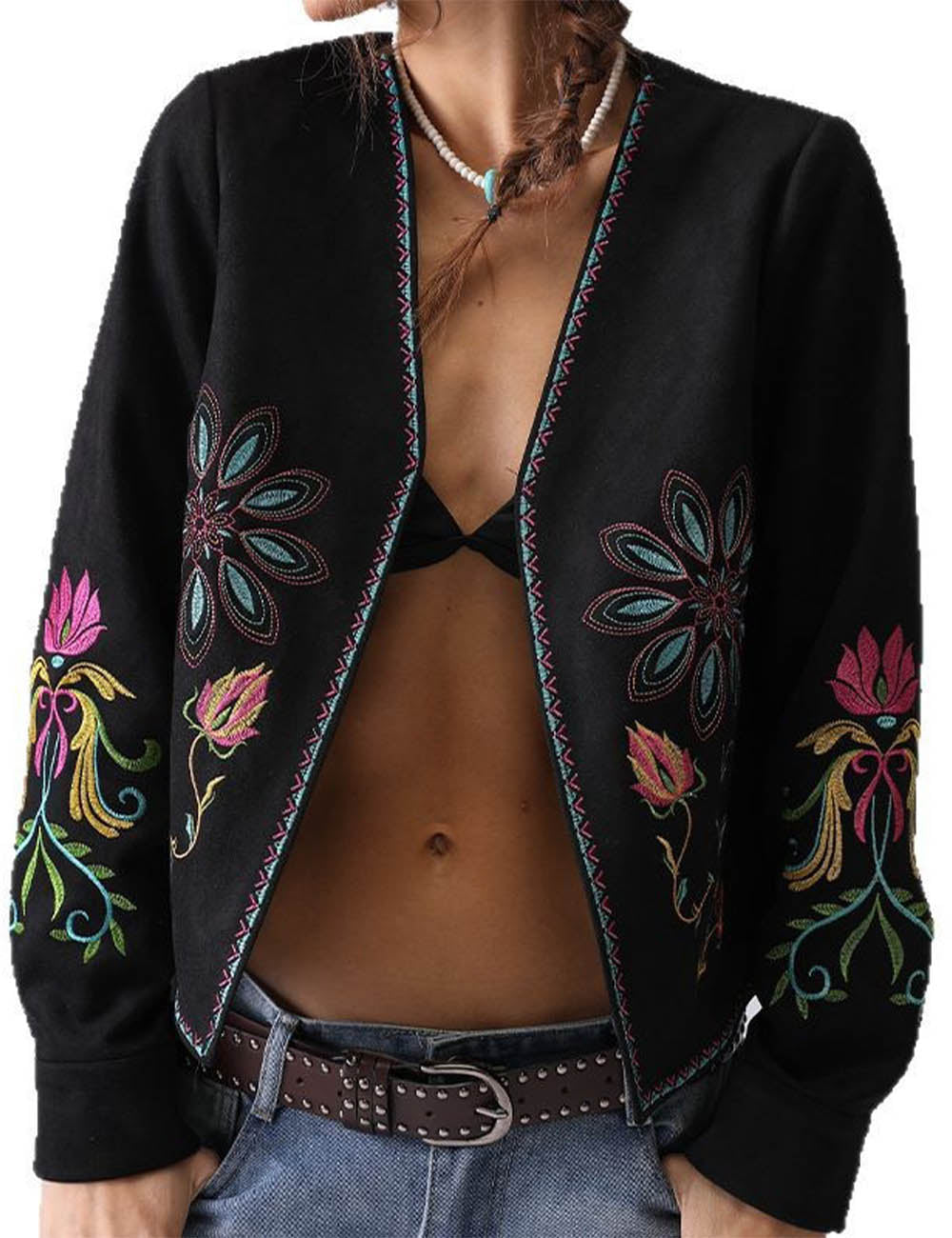 Boho Flower Embroidered Long Sleeve Suede Top DP25D881