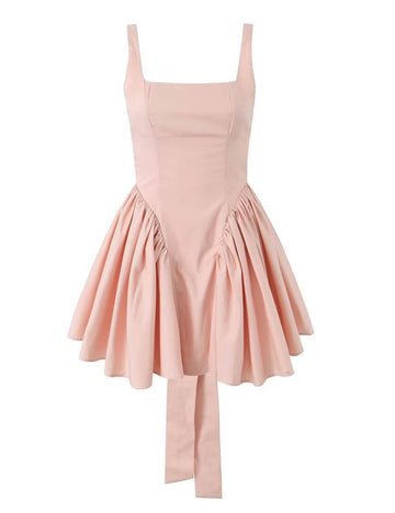 Solid Color Bow Tie Back Pleated Dress DP25C977