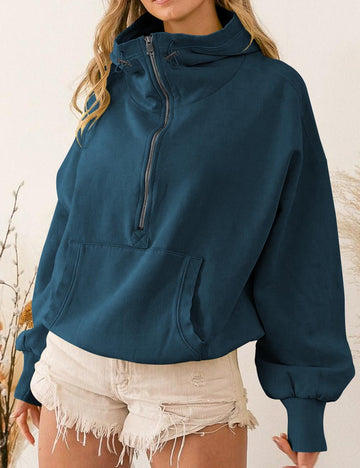 Casual Half Zip Drawstring High Neck Hoodie DP25E477