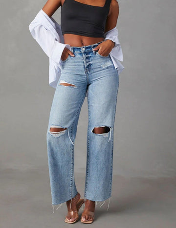 Ripped Denim Pant Straight Leg High Waist Jeans DPP3013