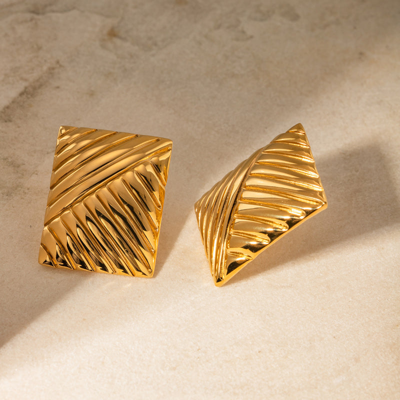 Simple Gold Stainless Steel Striped Symmetrical Earrings DPJE1285