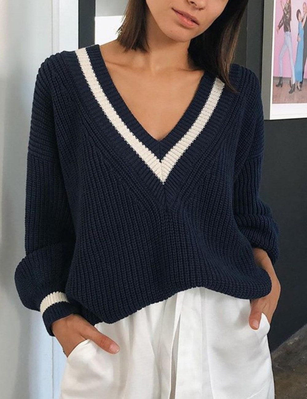 V-Neck Color Block Simple Loose Sweater DPT1413