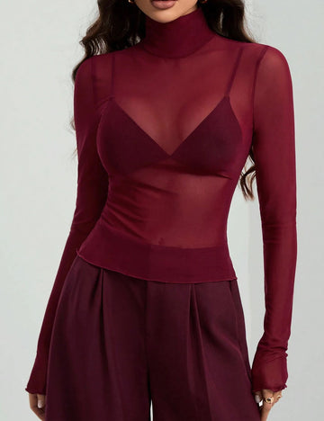 Mesh High Neck Long Sleeve Sheer Blouse DP25G983