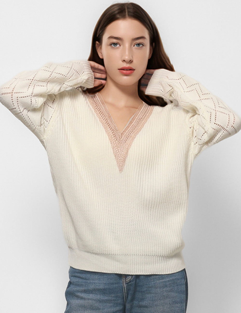 V-Neck Hollow Out Loose Casual Pullover Sweater DPT4771