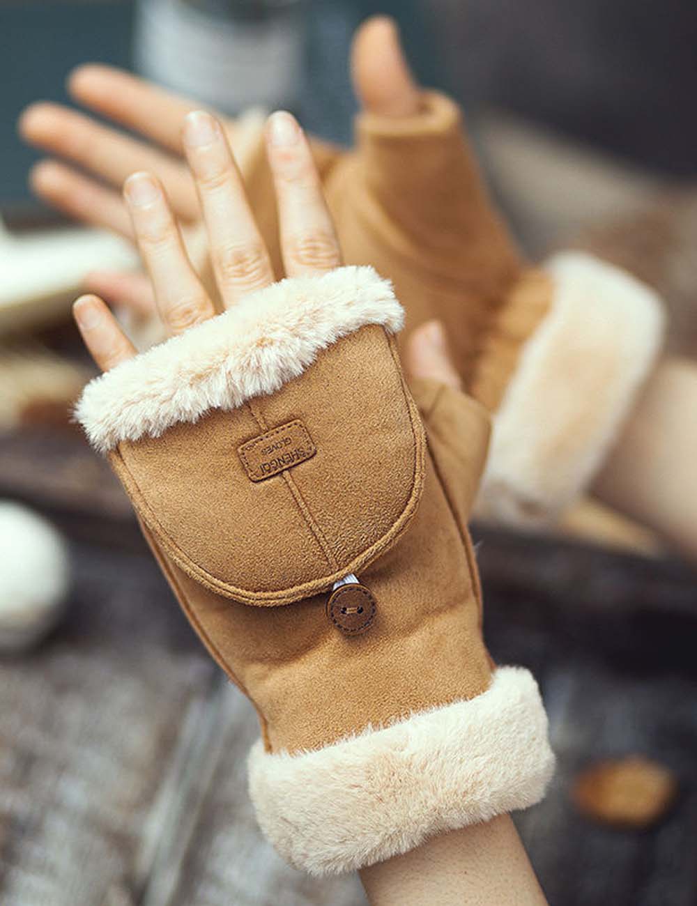 Winter Suede Convertible Thermal Fingerless Mittens  Gloves DP25G711