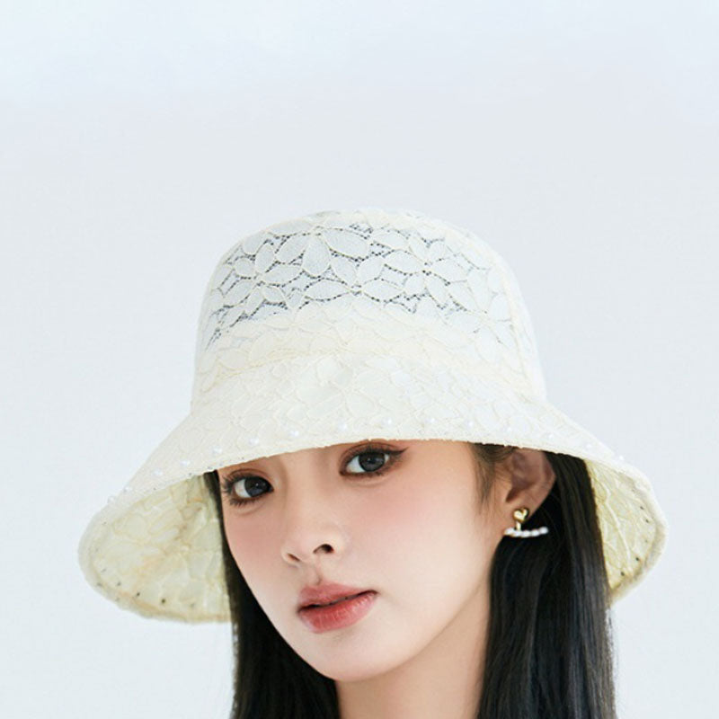 Elegant Pearl Lace Wide Brim Bucket Hat 8BK6HAT167T