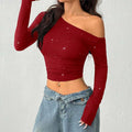 Rhinestone One Shoulder Crop Top - DippedShop Wholesale - #4163