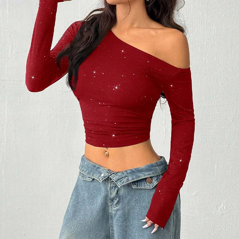 Rhinestone One Shoulder Crop Top - DippedShop Wholesale - #4163