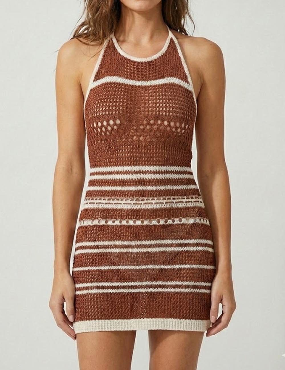 Striped Sleeveless Halter Hollow Out Knit Dress DP26H992