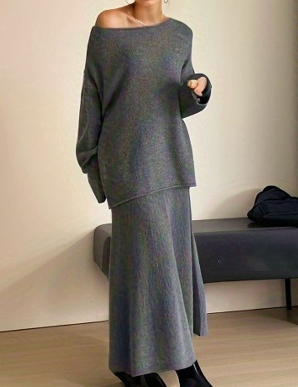 2 Pcs Fall Knit Loose Sweater Midi Skirt Set DP25G552