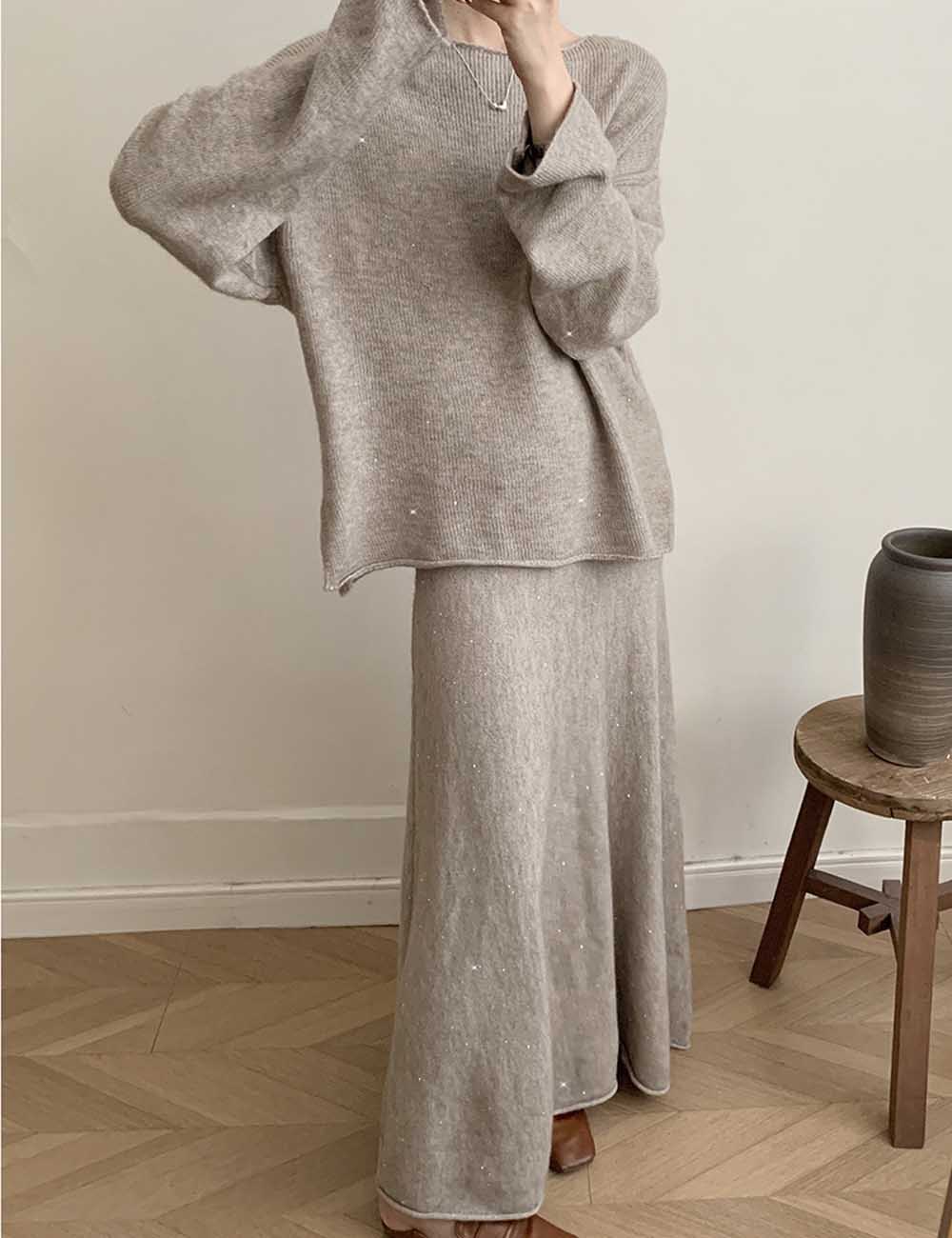 Casual Round Neck Sweater Maxi Skirt Set DP25G551