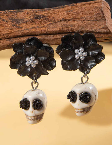 Gothic Black Camellia Skull Stud Earrings DP25G512