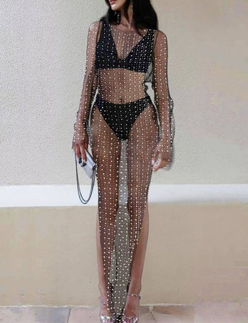 Rhinestone See Through Maxi Dress - DippedShop Wholesale - #1971