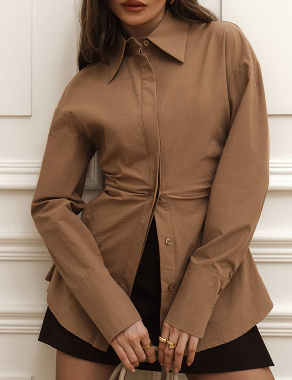 Elegant Solid Color Ruched Long Sleeve Top DP25E559