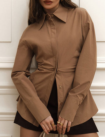 Elegant Solid Color Ruched Long Sleeve Top DP25E559