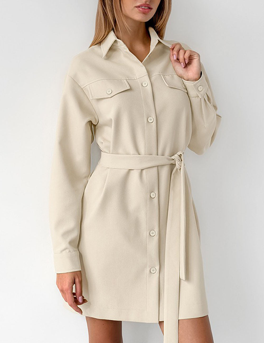 Belted Drop Shoulders Pockets Shirt Mini Dress DP25E679