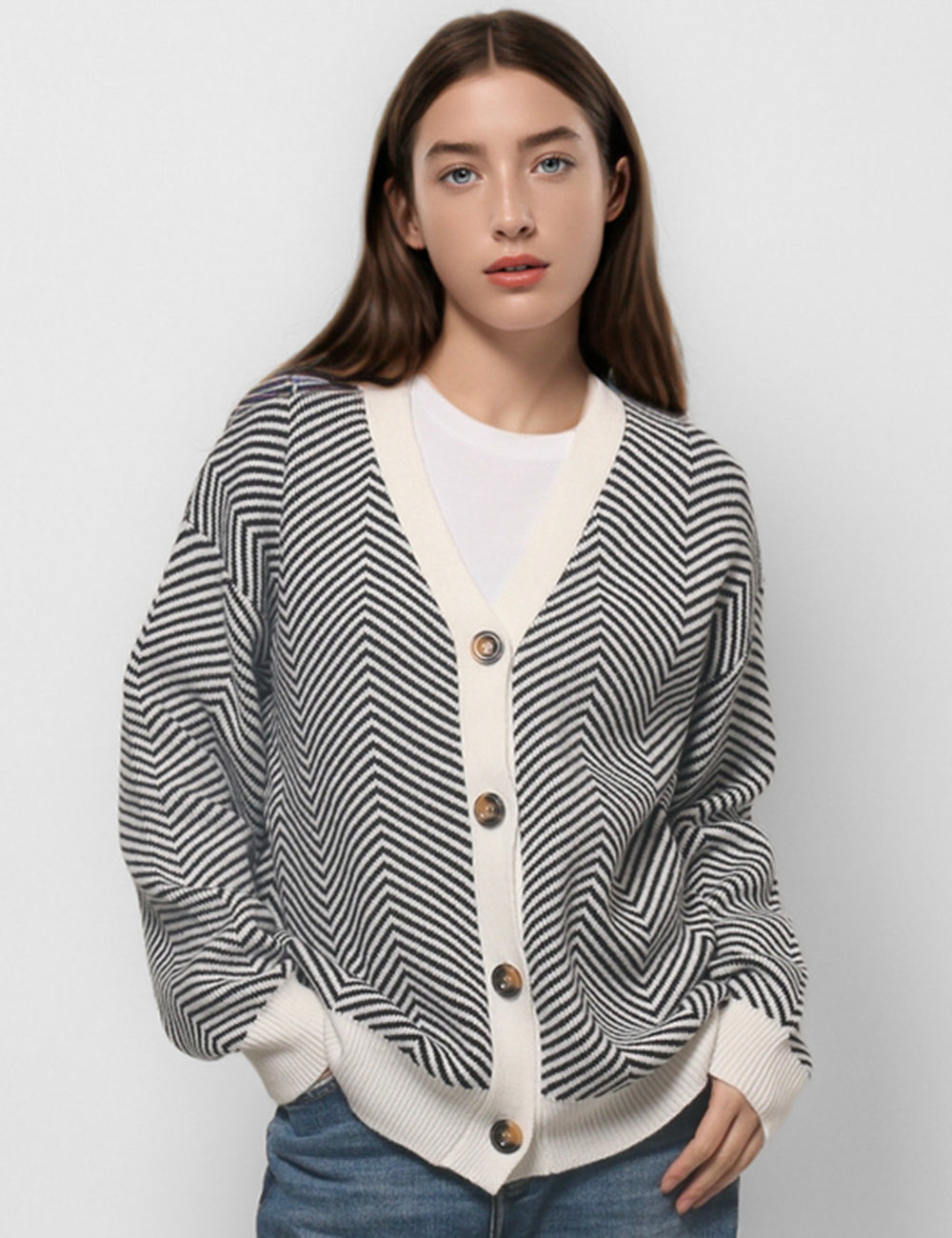 Striped Color Block Button Down V-Neck Knit Cardigan DPT4772