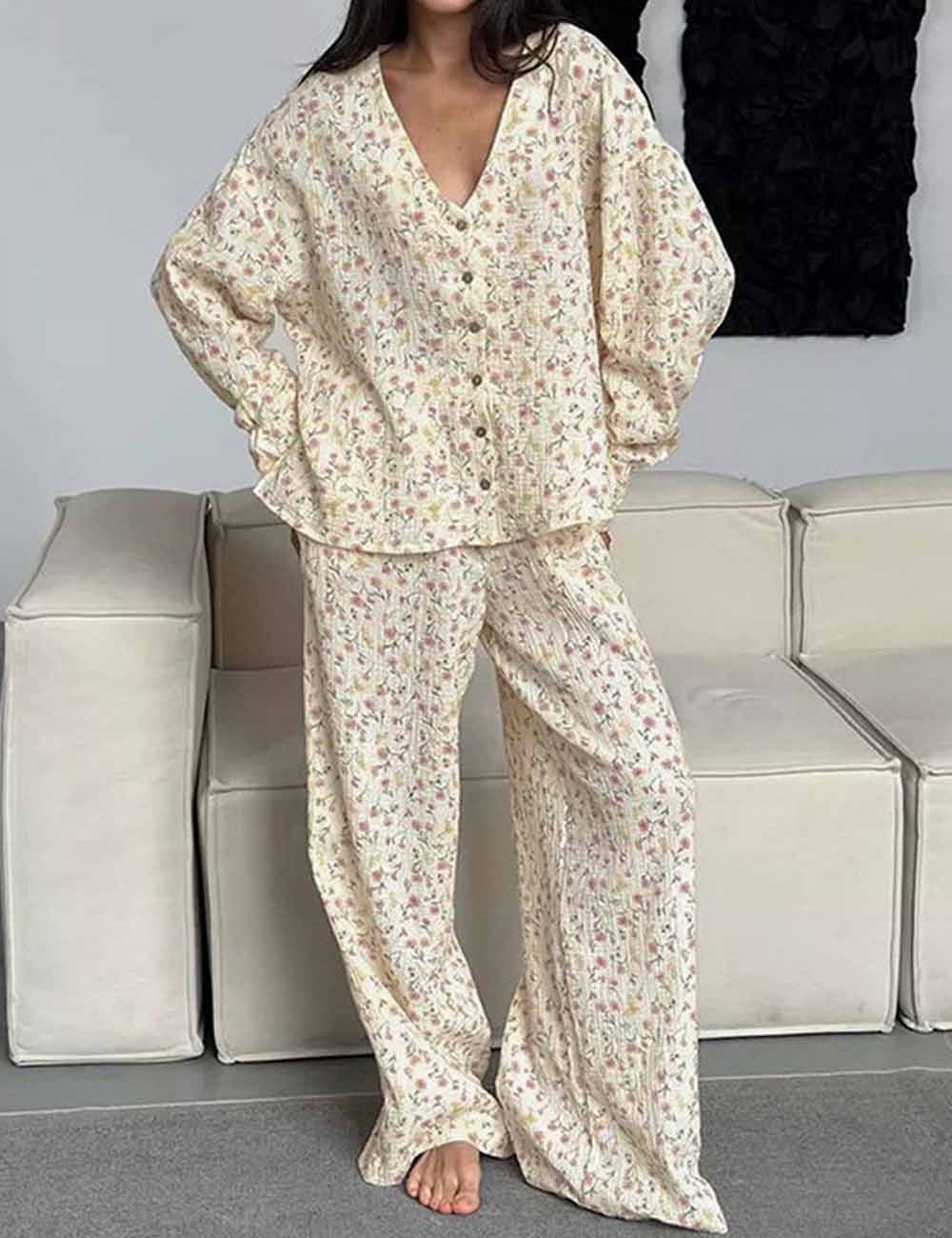 Floral Print V-Neck Button Up Pajamas Set DP25F880