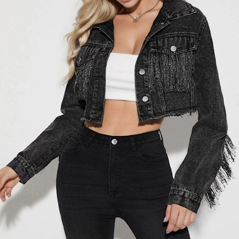 Trendy Lapel Collar Tassel Cropped Denim Jacket DP25E802