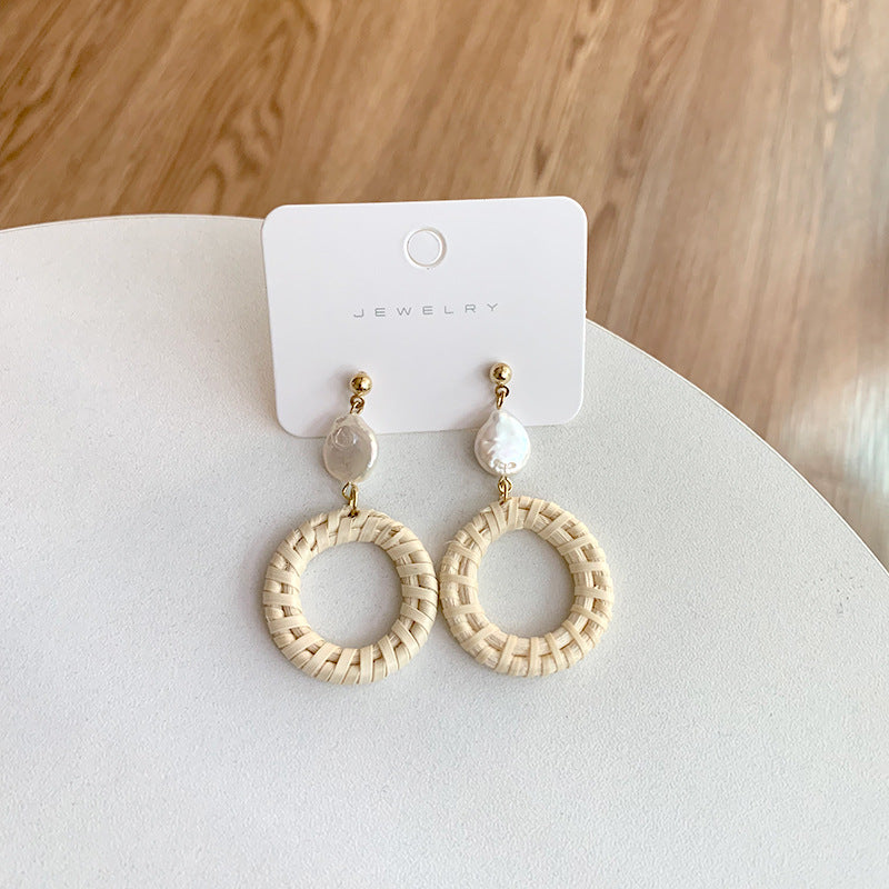 Geometric Rattan Pearl Chain Stud Earrings DPJE1708