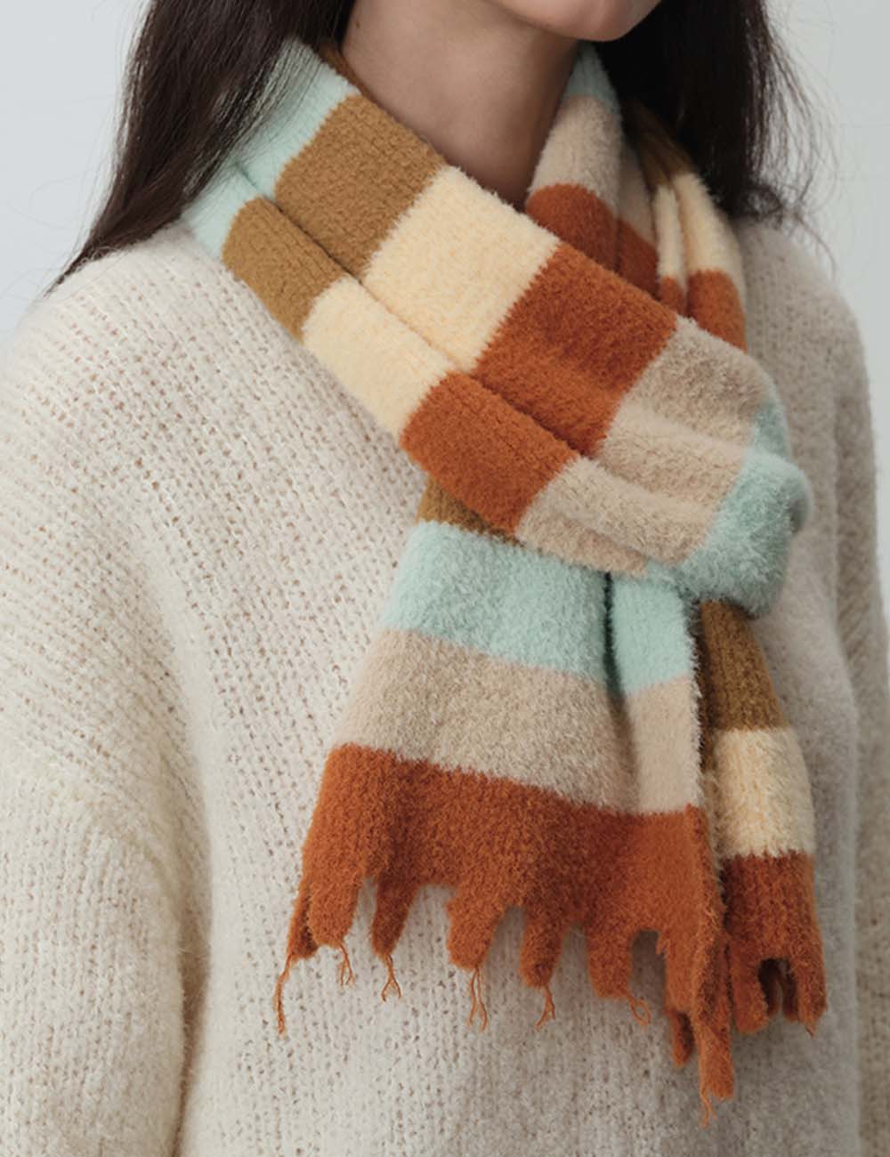 Striped Cozy Color Block Fringed Winter Scarf DP25F625