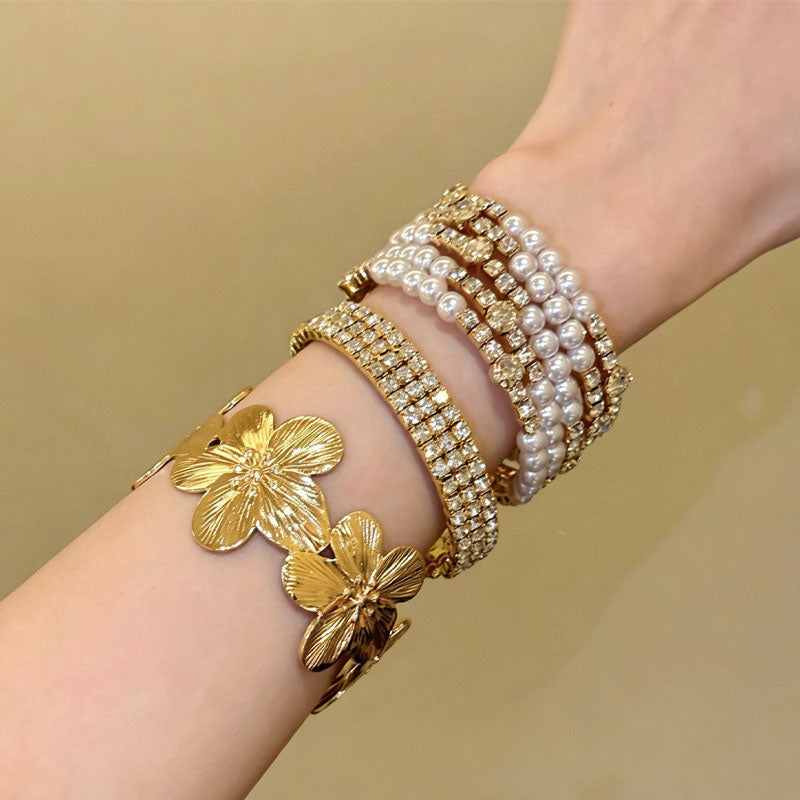 Vinatge Multi-Layer Pearl Rhinestone Bangle Bracelet 6W6JBR588